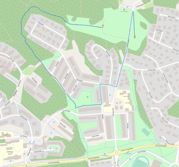 Karta för TCS Lidingörullet 2 kilometer. Blå linje genom grönt landskap och bostadsområde som visar hur banan går.
